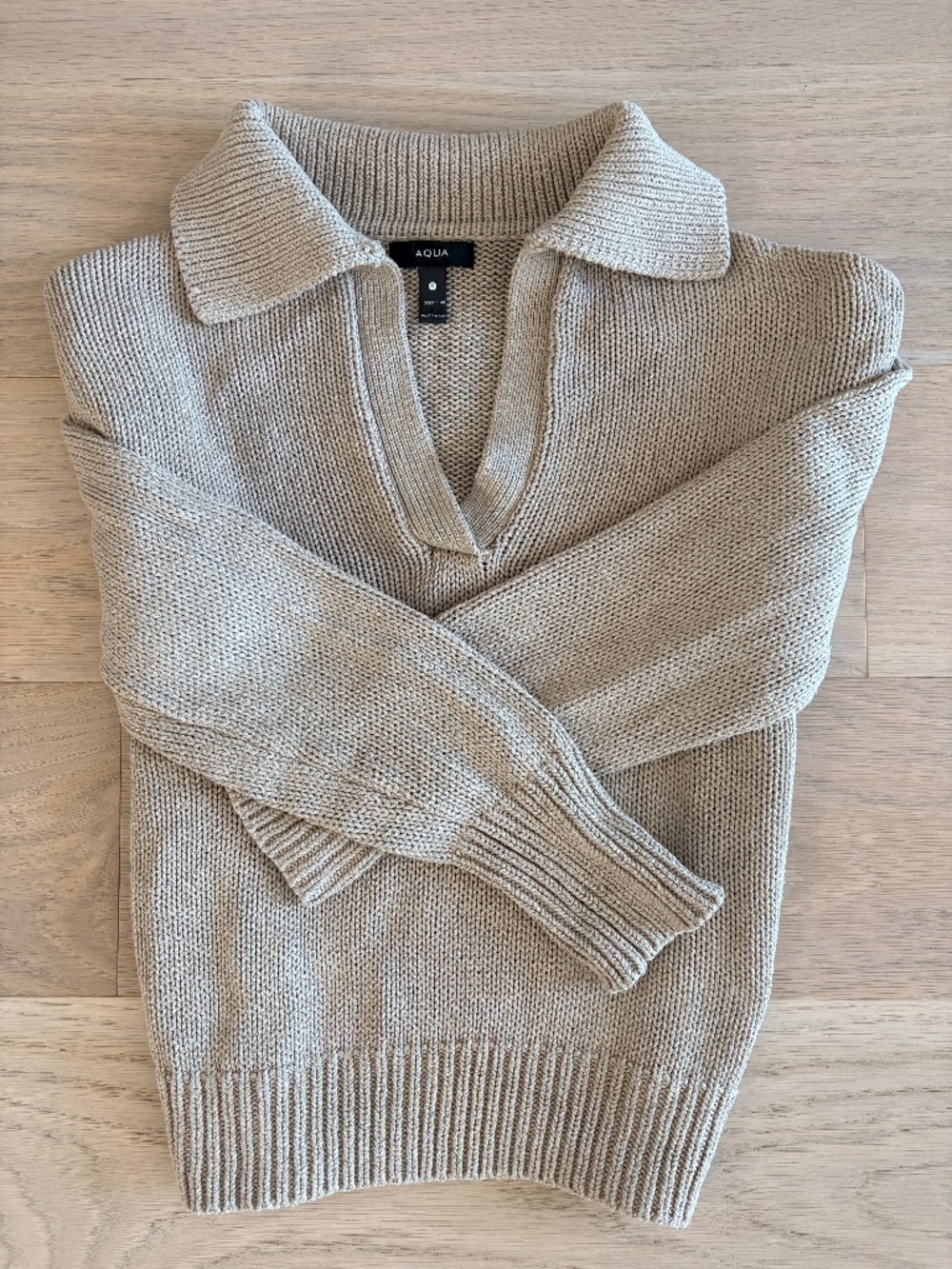 Aqua cotton knit v-neck sweater with collar, Small